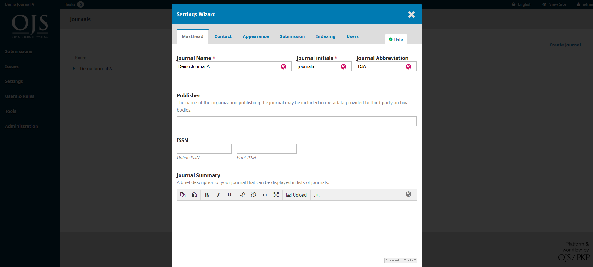 OJS 3.x hosted journal setting wizard
