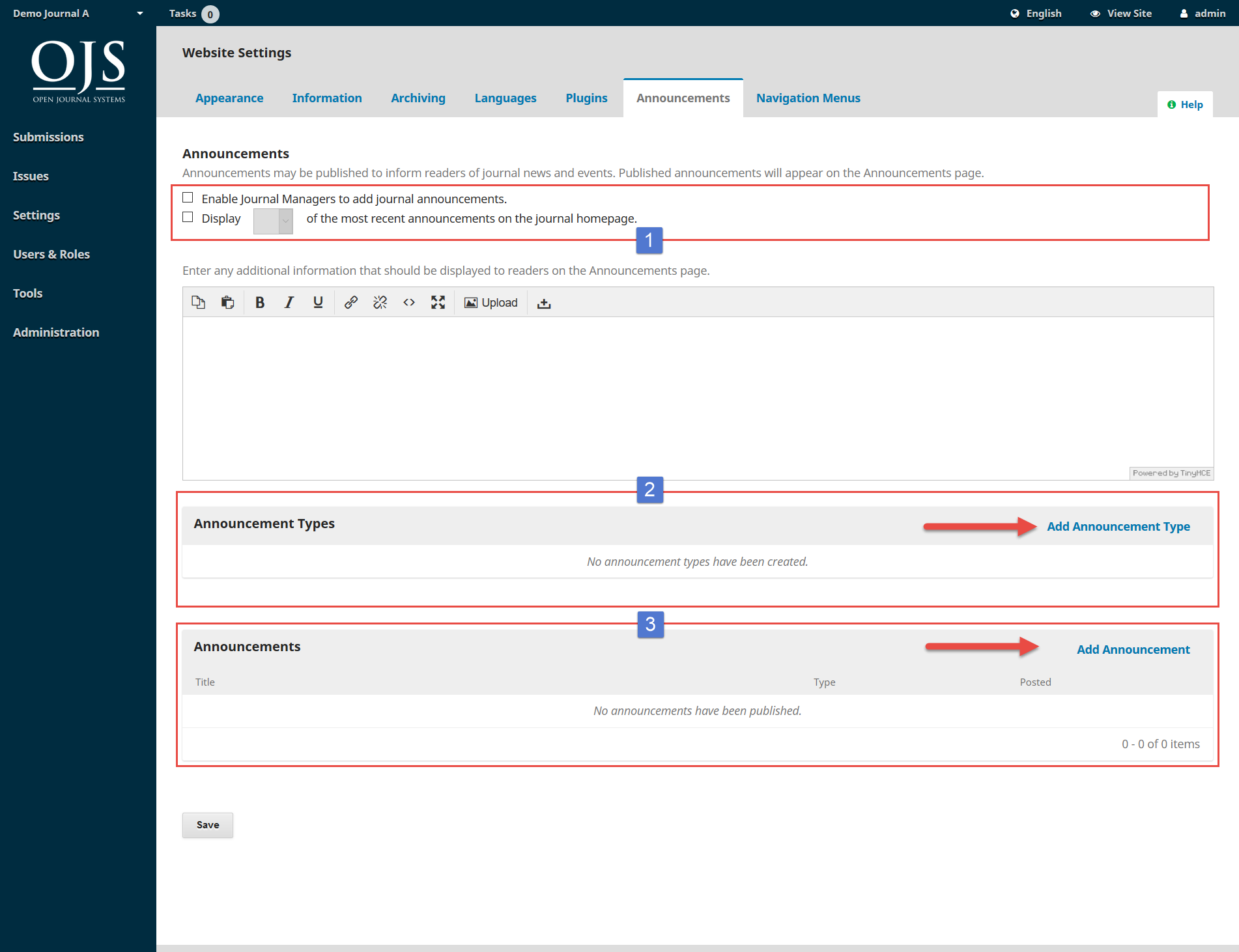 Ojs-3-website-settings-announcements | Open Journal Systems