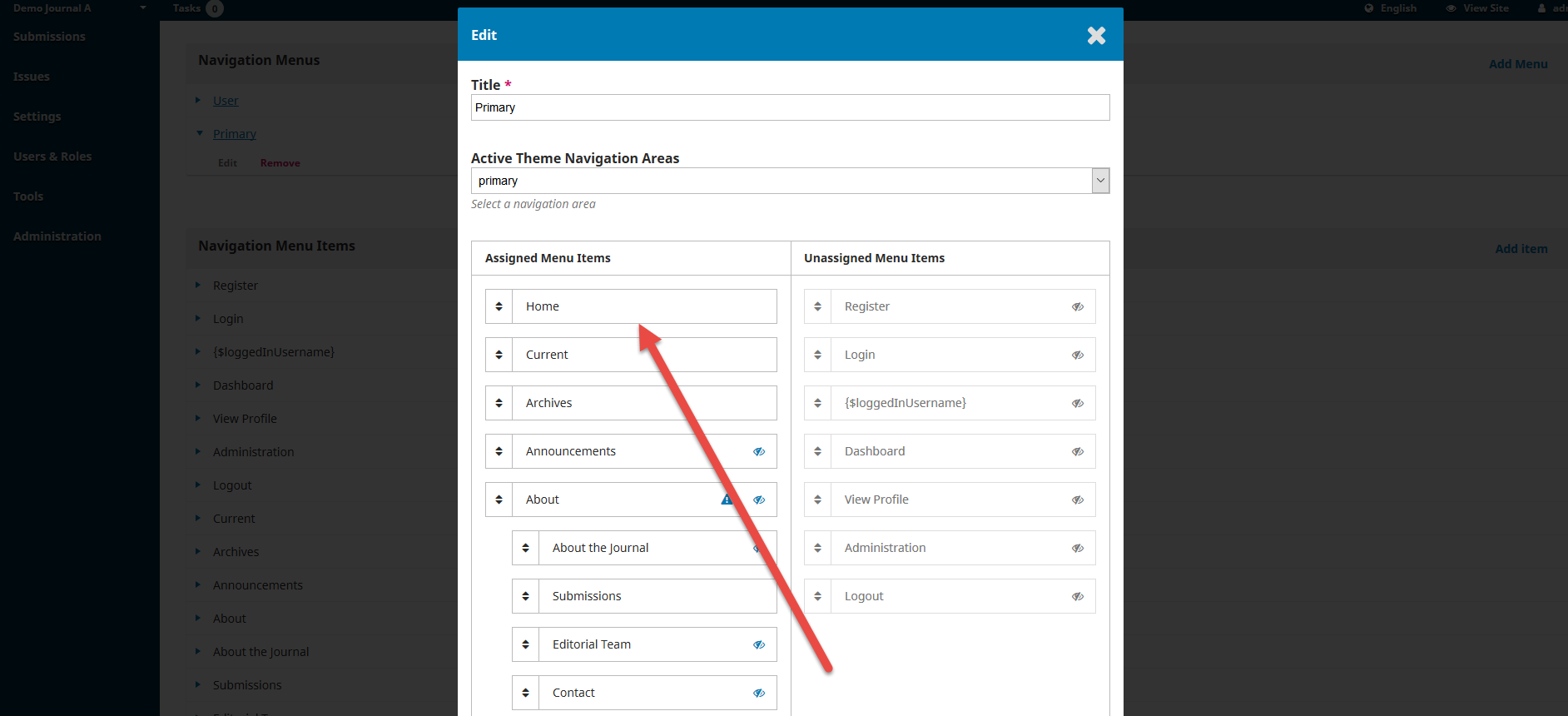 OJS 3.x website settings navigation menus edit