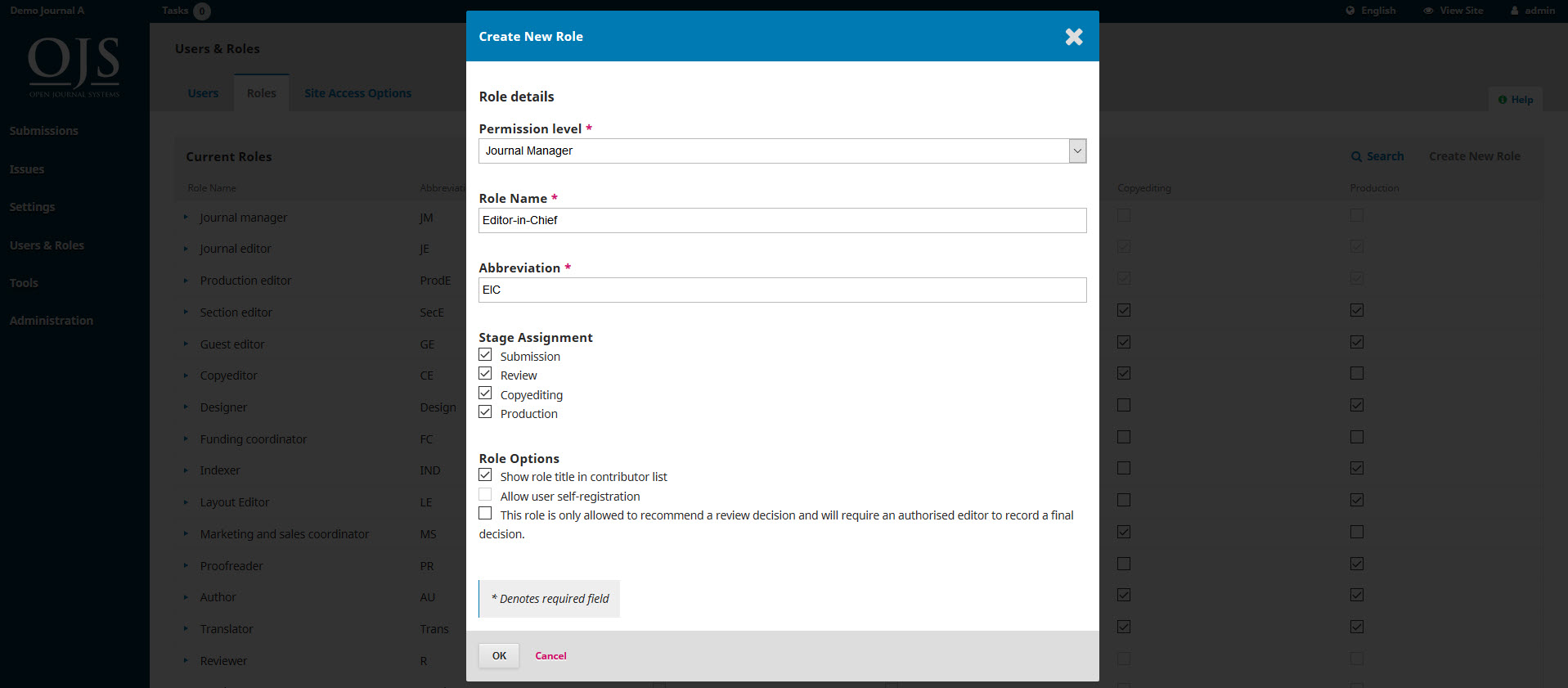 OJS 3 create new role overview